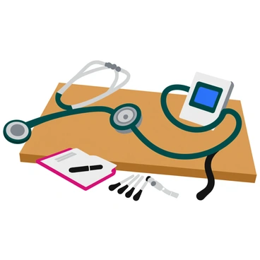A wooden table displays an assortment of diagnostic tools. A shiny stethoscope with dark green tubing lies coiled next to a digital blood pressure monitor featuring a bright blue screen. An otoscope with a sleek silver handle sits prominently on the table, accompanied by several interchangeable tips. In the background, a small notepad and a pen rest beside the tools, adding to the clinical setting. The overall arrangement is neat and organized, showcasing the medical instruments clearly.