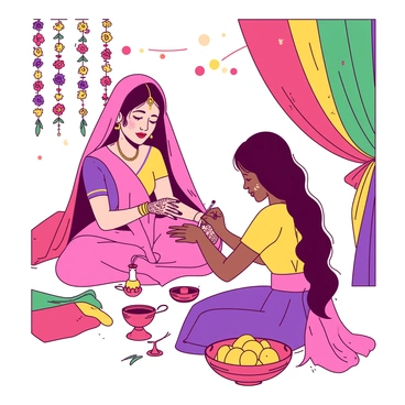 A modern Indian bride is sitting gracefully as a skilled artist applies intricate "mehndi" designs to her hands. Her hands are adorned with beautiful patterns, showcasing the rich traditions of henna art. The bride is dressed in a stunning outfit, vibrant with colors that complement the festive atmosphere. Surrounding her are colorful decorations, including strings of marigold flowers and bright fabric drapes that enhance the celebratory mood. The scene is filled with an array of hues, creating a lively and joyful ambiance.