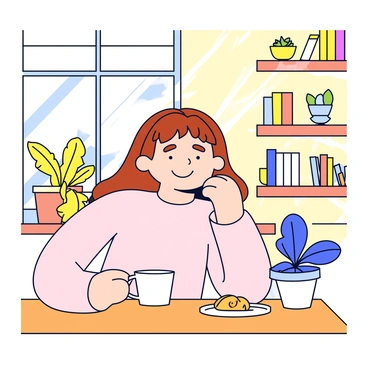 A woman with long brown hair is sitting at a small wooden table in a cozy cafe. She is wearing a light sweater and has a content expression on her face as she holds a white cup of coffee. The warm morning sunlight streams through a large window, casting a soft glow on her and the table. On the table, there is a small plate with a pastry beside the cup. The background features wooden shelves filled with books and potted plants.