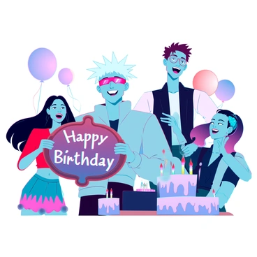 A young man with spiky white hair and blindfolded eyes is striking a confident pose while holding a large, ornate "Happy Birthday" plaque in his hands. He has a playful grin on his face. The scene is filled with a group of diverse friends, each expressing joy and excitement. There is a girl with long black hair wearing a colorful dress, a tall man with glasses and tousled brown hair, and another friend with vibrant blue hair, all smiling and celebrating around him. Balloons in various colors float in the background, and there is a festive cake adorned with candles on a nearby table. The overall atmosphere is lively and celebratory.