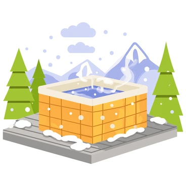 A hot tub set on a snowy mountain deck with steam rising into the cold air