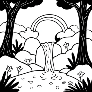 A small waterfall cascading down rocks in a secret glade, surrounded by tall trees with intricate bark patterns. The water flows into a clear pond below, creating ripples on the surface. Mist rises from the water, and a prominent rainbow arches gracefully across the mist. Lush ferns and wildflowers dot the ground, adding texture to the serene environment. Sunlight filters through the tree canopy, casting intricate shadows on the forest floor.