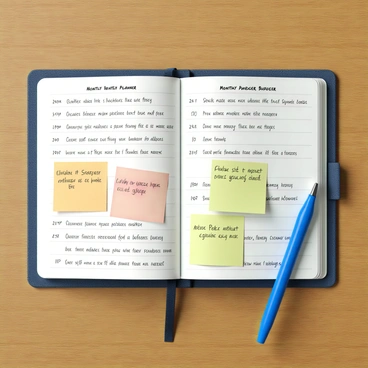 An open planner with a textured cover, lying flat on a wooden surface. The pages are filled with handwritten notes in black ink detailing monthly budgeting plans. Colorful sticky notes in shades of pink, yellow, and green are placed throughout the pages, each featuring various reminders and financial goals. A blue pen rests beside the planner, ready for further annotations.