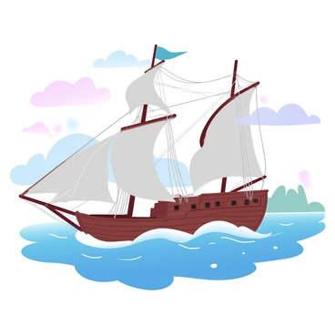 A fleet of old sailing ships with billowing sails is navigating through a vast ocean, harnessing the trade winds. The ships are made of weathered wood, showcasing intricate details in their craftsmanship. Each vessel is adorned with ropes and rigging, and they are positioned at different angles as they cut through the waves. In the background, there are distant islands with lush greenery, hinting at the ancient trade routes they are traveling. The sky is painted in soft gradient pastel colors, transitioning from light blue at the horizon to gentle pinks and purples higher up. The scene captures a sense of adventure and exploration on the high seas.