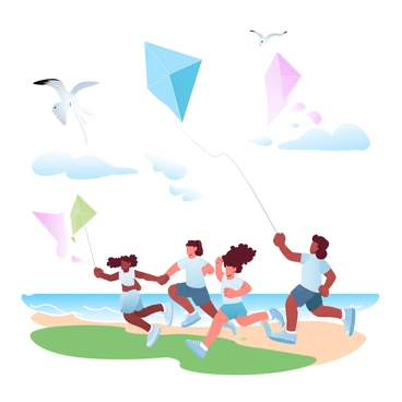 A group of children is flying colorful kites in a breezy seaside park. The kites are bright and varied in shape, soaring high against a clear blue sky. The children are running joyfully with their kites, wearing light summer clothing. The park features green grass with patches of sand, and in the background, gentle waves are lapping against the shore. A few seagulls are flying overhead, adding to the lively atmosphere of the scene.