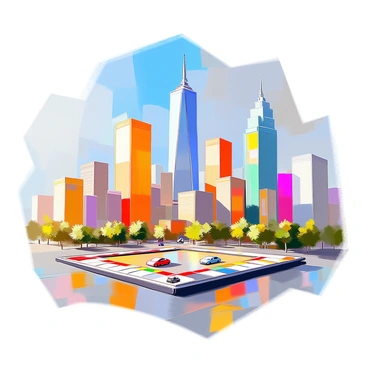 A city skyline featuring a variety of skyscrapers inspired by Monopoly properties. The skyline includes iconic structures, each representing a different color set from the game. There are tall, vibrant buildings in shades of red, yellow, and green, with some resembling classic architectural styles. Between the skyscrapers, there are streets lined with miniature cars and small trees, creating a lively urban scene. The buildings loom against a clear blue sky, with sunlight casting shadows and creating a dynamic visual contrast in the cityscape.