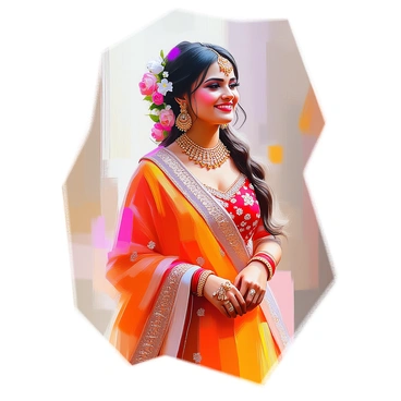 A portrait of a bride with medium skin tone, adorned in a vibrant lehenga richly embroidered with intricate patterns. Her lehenga is a blend of deep red and gold hues, featuring delicate embellishments that catch the light. She has a joyful expression, her eyes sparkling with happiness as she looks slightly to the side. Her long hair is styled elegantly, with fresh flowers woven throughout. She is wearing traditional jewelry, including a necklace and earrings that complement her attire. The background is softly blurred to emphasize her radiant presence and the details of her clothing.