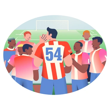 A male soccer player with short dark hair and an athletic build is in the center of a team huddle. He is wearing a red and white striped soccer jersey with a large number on the back, and his expression is focused and passionate as he gestures emphatically with his hands. Surrounding him are several teammates in similar jerseys, all listening intently. The players have varied hairstyles and skin tones, showing a diverse team. In the background, a grassy soccer field stretches into the distance, with goalposts visible. The atmosphere conveys a sense of teamwork and determination.