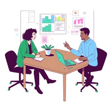 Two individuals are sitting at a large wooden table in a bright and spacious collaborative workspace. One person is a woman with curly brown hair, wearing a green blazer, engaged in an animated discussion. The other is a man with short black hair, dressed in a blue shirt, taking notes on a white notepad. Around them, there are colorful charts pinned on the walls and various gadgets scattered across the table, including a laptop with a teal cover. A small potted plant sits between them, adding a touch of greenery to the workspace.