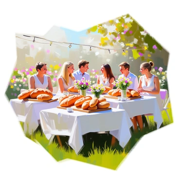 A garden party with tables set up with bread-themed decorations
