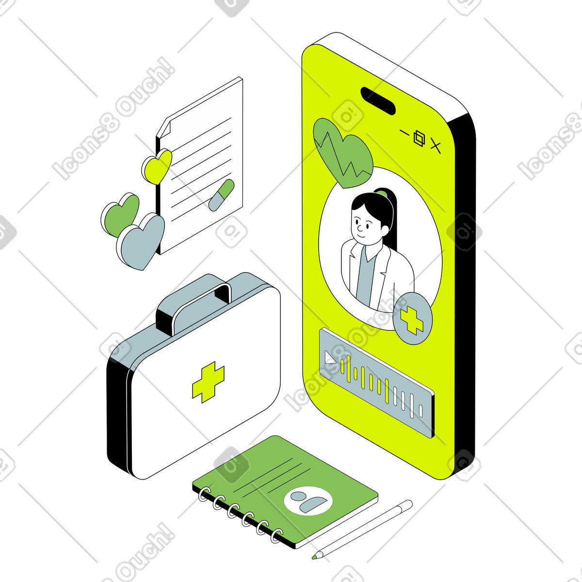 Online consultation with a doctor-Illustration im Isometric-Stil als Download in PNG, SVG