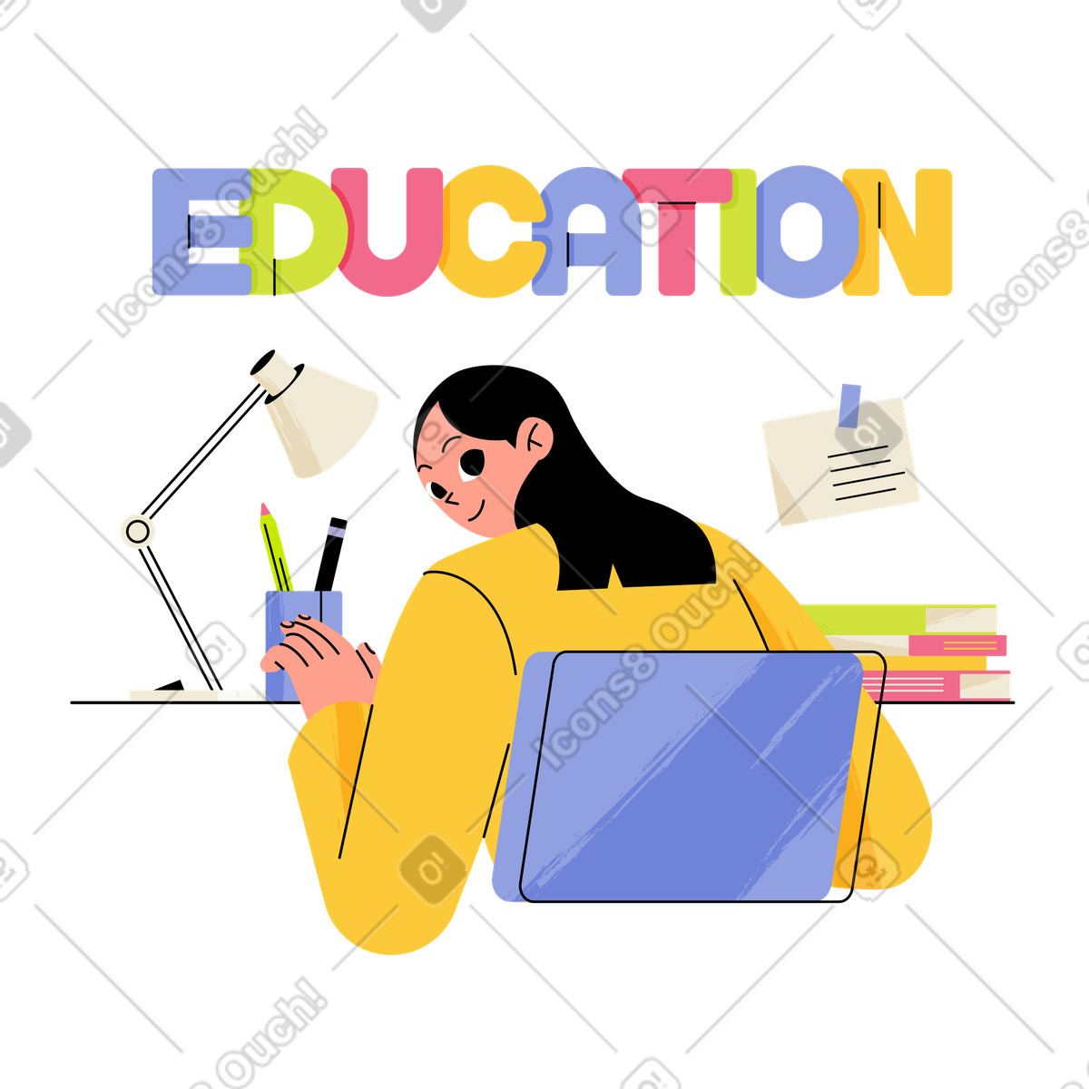 Educazione alla scrittura con ragazza che guarda oltre la spalla illustrazione in stile Juicy scarica in PNG, SVG