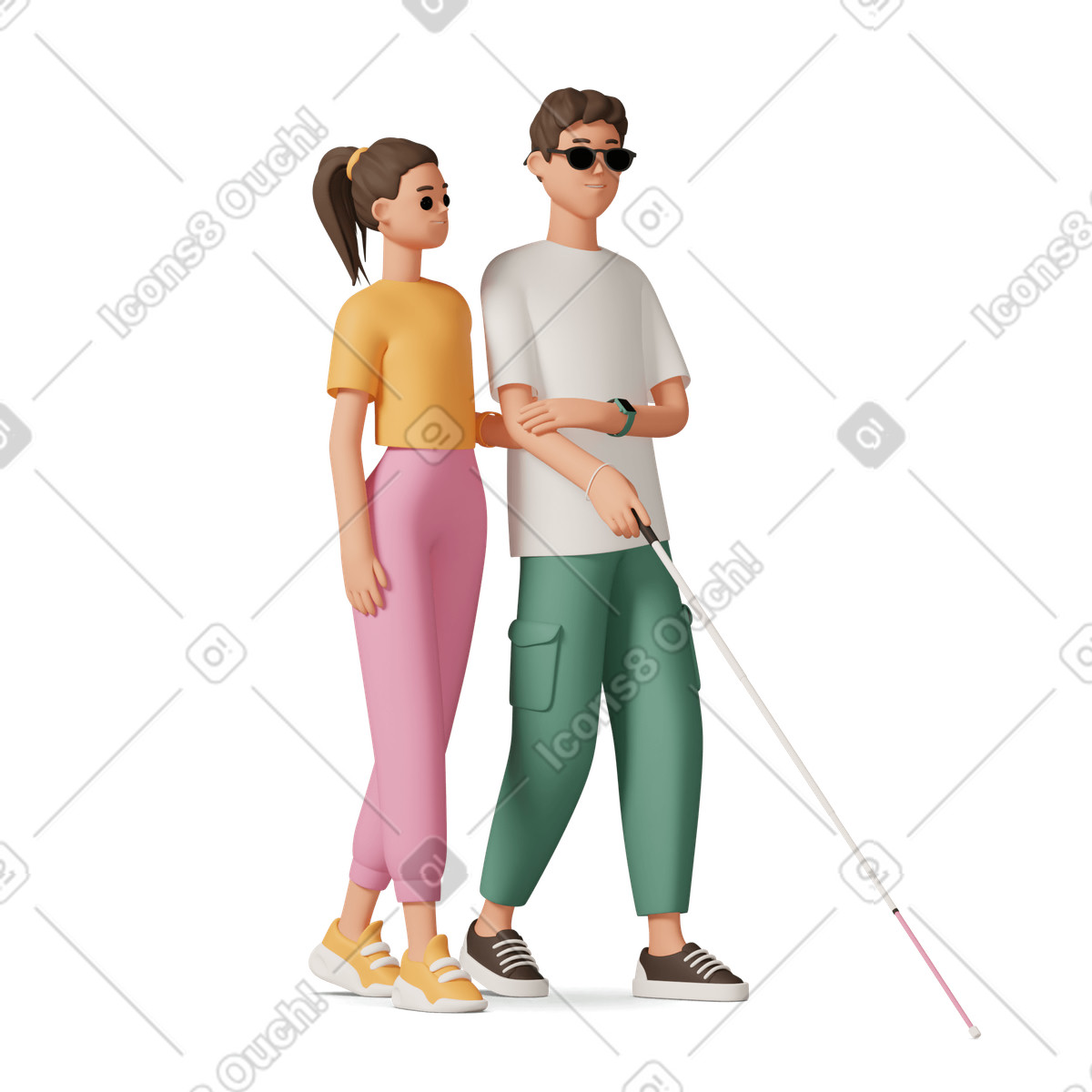 Young blind boy and girl walking illustration in 3D Casual life style download in PNG, SVG