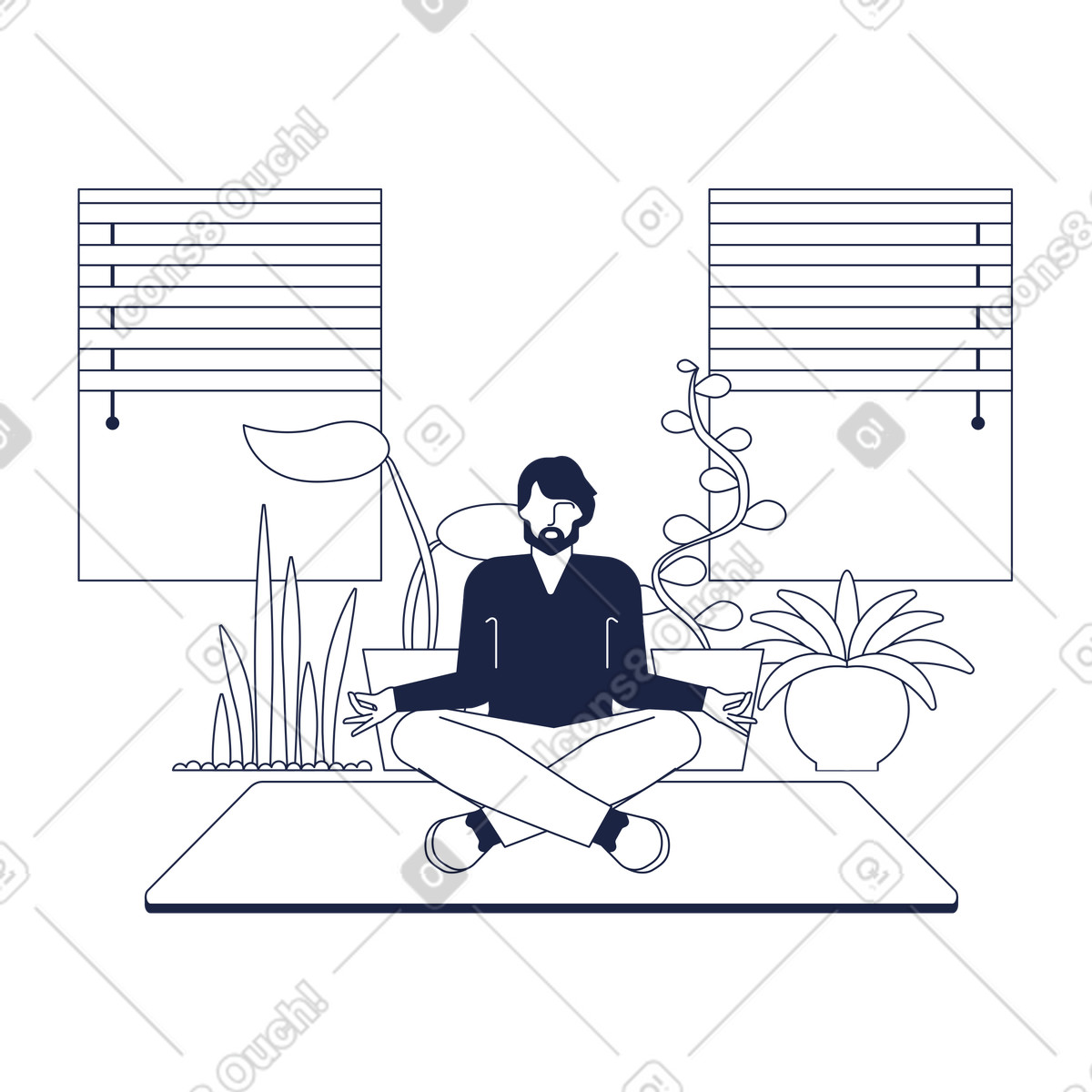 Иллюстрация Practicing yoga among houseplants, Home wellness and stress relief в стиле Urban Line — скачать в форматах PNG, SVG