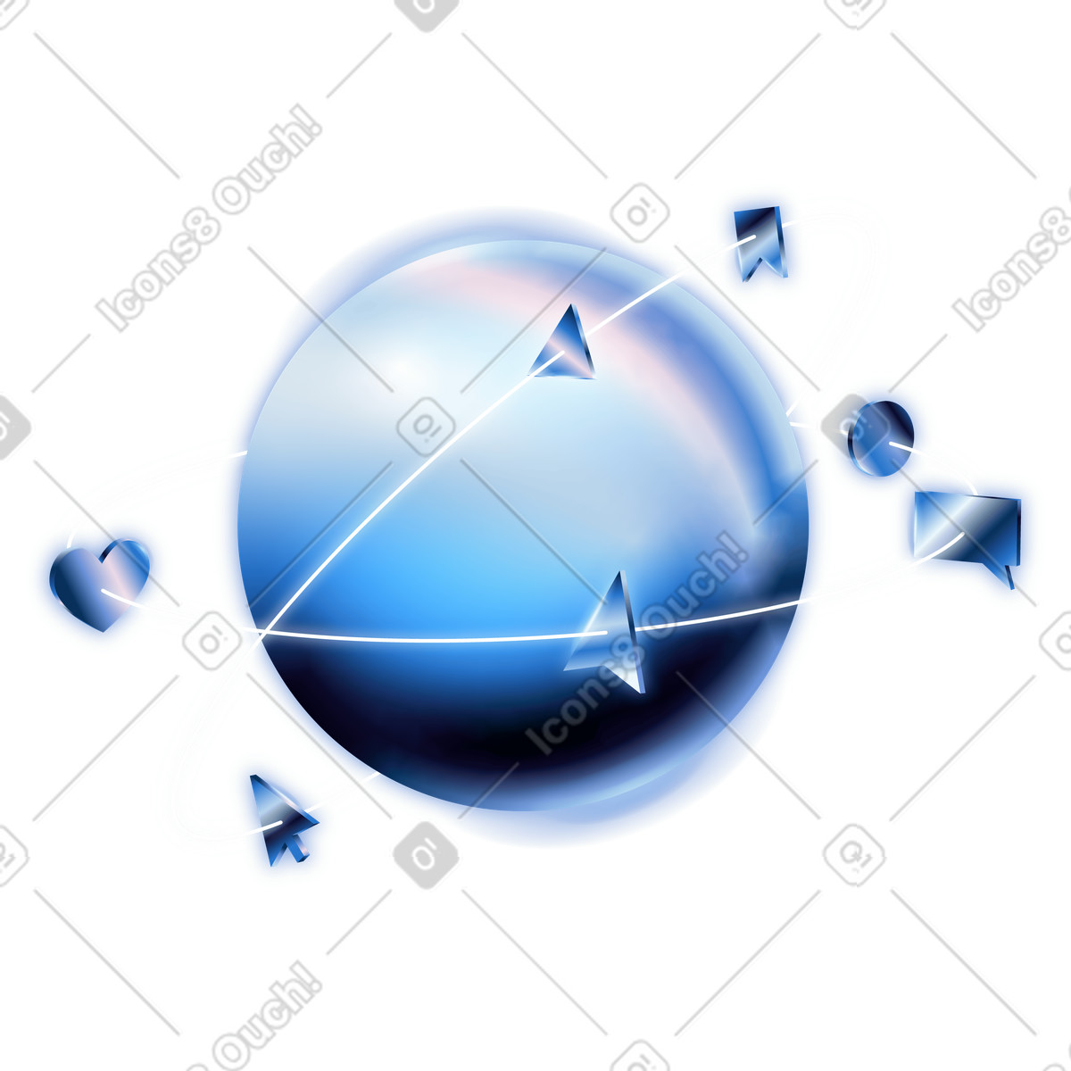 Planet with orbiting social media icons, digital connectivity and internet communication illustration in Dimension style download in PNG, SVG