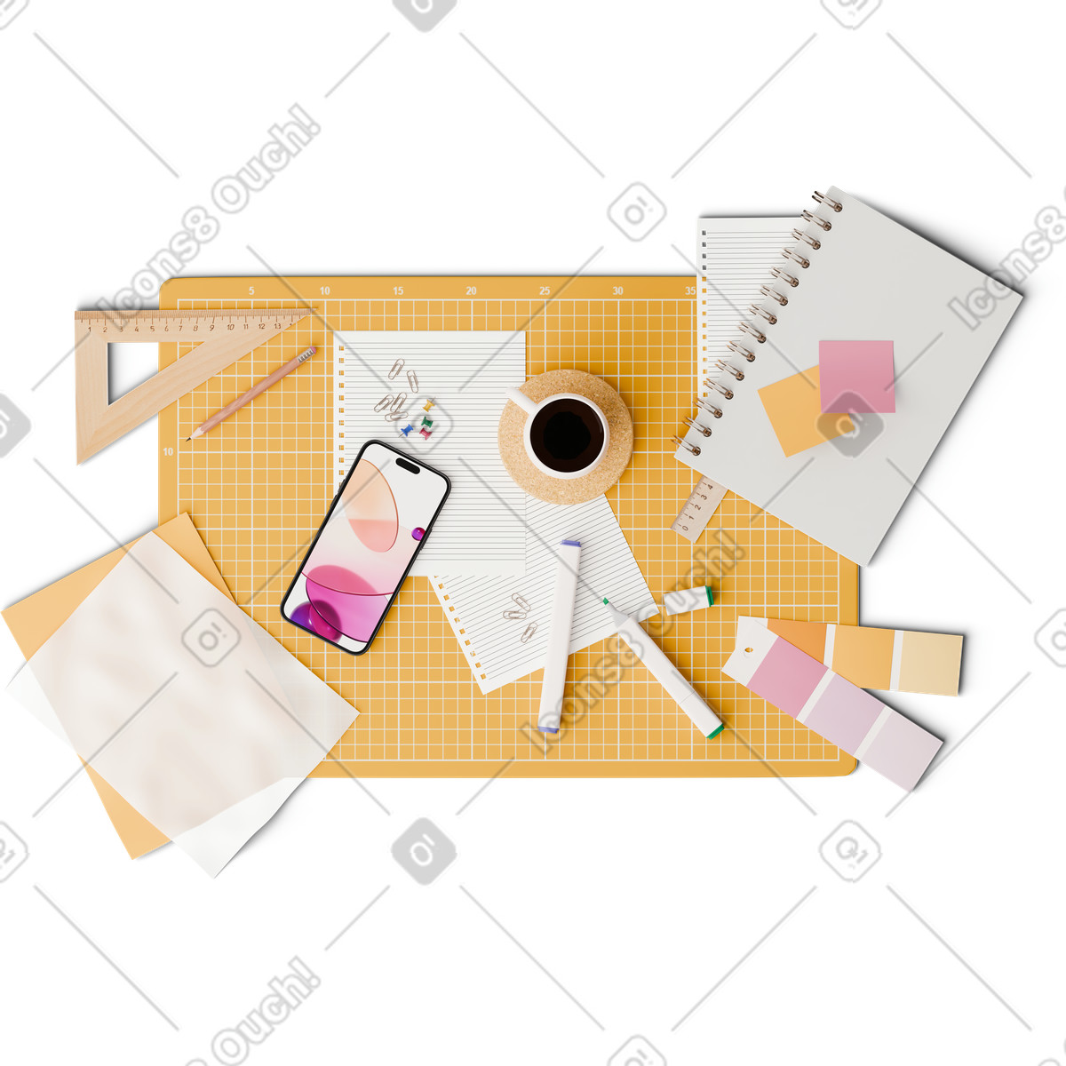 Ilustración Vista superior del escritorio de diseño con teléfono inteligente, marcadores y paleta colores en estilo 3D Hygge a descargar en PNG SVG