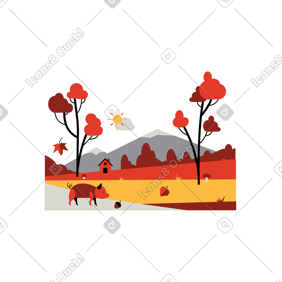 Illustration Paysage de campagne d'automne avec une ferme dans le style Burgundy à télécharger aux formats PNG, SVG