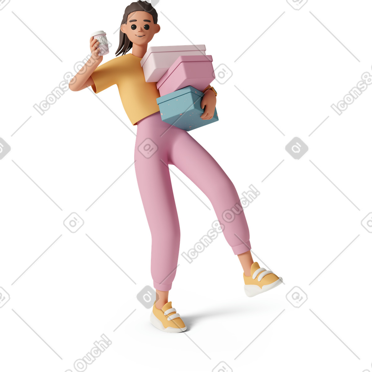 3D Casual life スタイルの Young woman balancing on one hand with boxes and coffee cup in hands のイラストをPNG、SVG形式でダウンロード