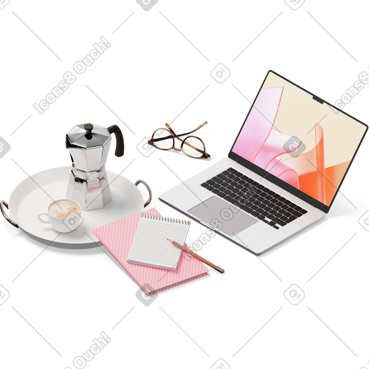Vista isometrica di laptop, occhiali, quaderni, moka e tazza sul vassoio illustrazione in stile 3D Hygge scarica in PNG, SVG