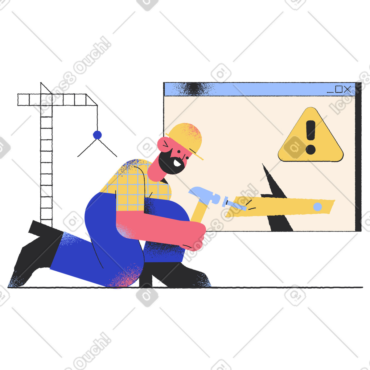 Pablo スタイルの Construction worker fixing error on computer screen, Website under and digital troubleshooting のイラストをPNG、SVG形式でダウンロード