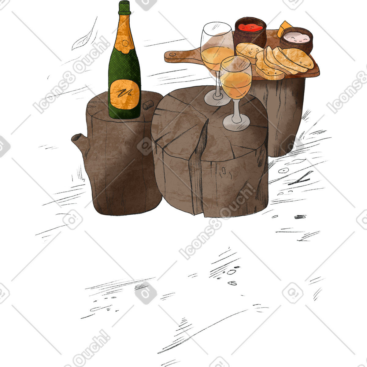 Three logs with glasses, a bottle and snack illustration in Moments style download in PNG, SVG