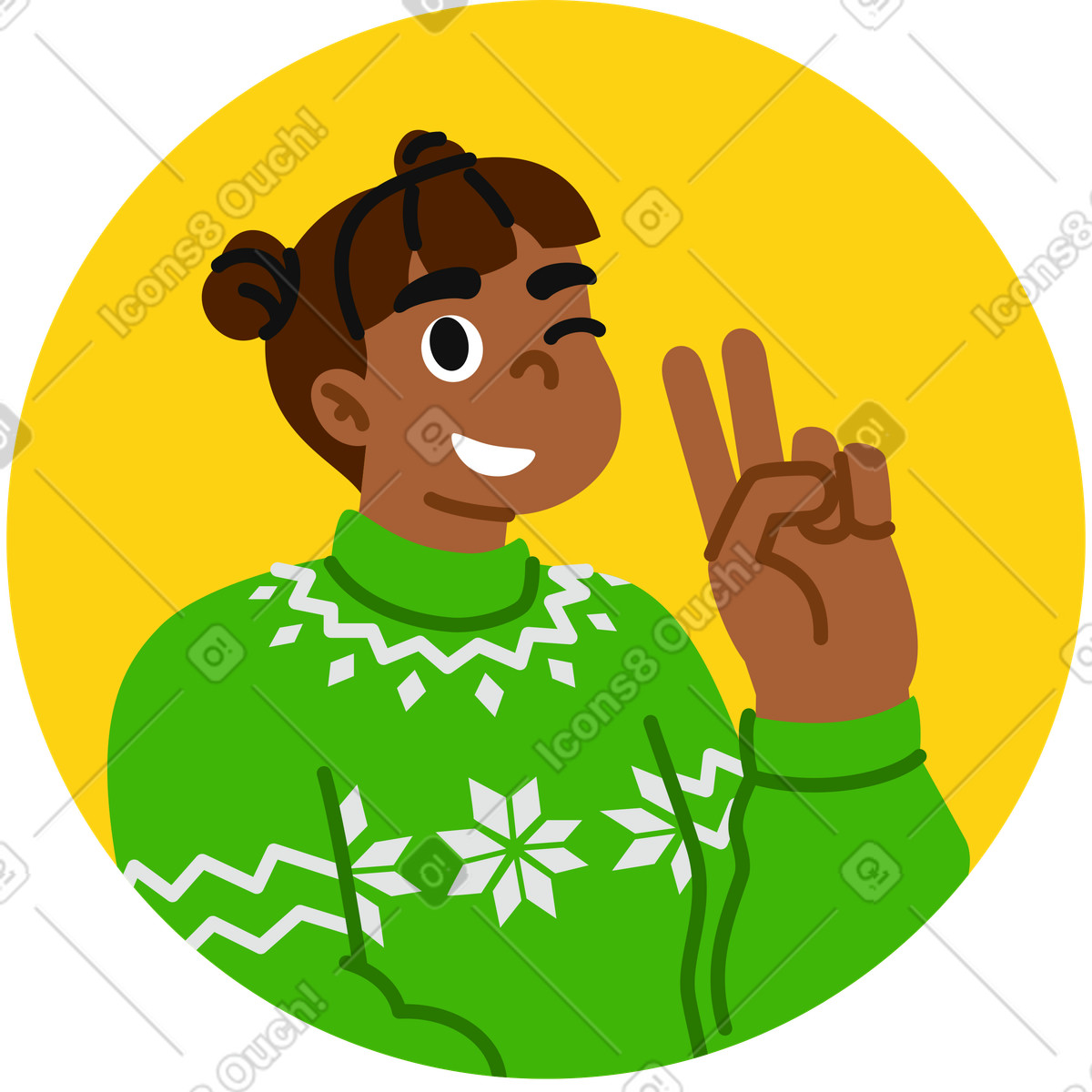 下载 Active 风格的 女人显示 v 手势头像 动画插图，支持 GIF、Lottie （JSON）、AE 格式