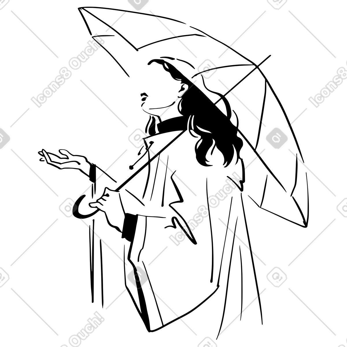 Junge frau unter einem regenschirm-Illustration im Line-Stil als Download in PNG, SVG