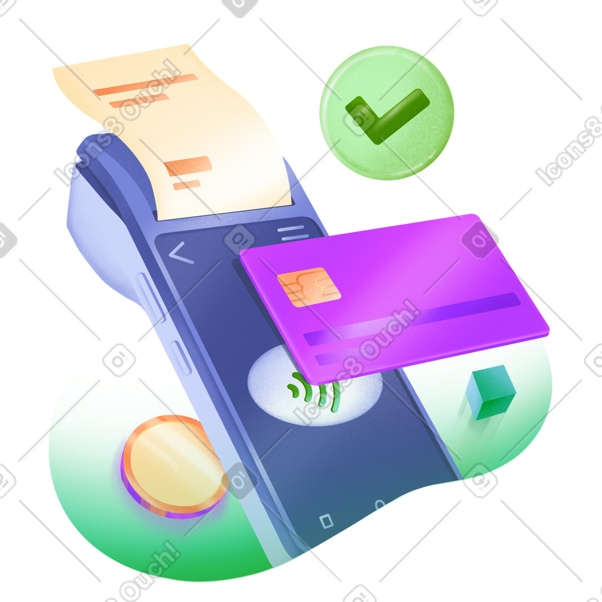 Payment terminal with credit card and coin illustration in PNG, SVG