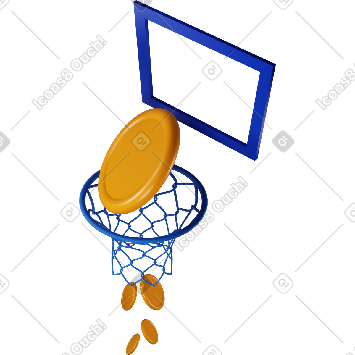 I soldi che cadono attraverso il canestro da basket hanno girato a sinistra illustrazione in stile 3D Buddy scarica in PNG, SVG