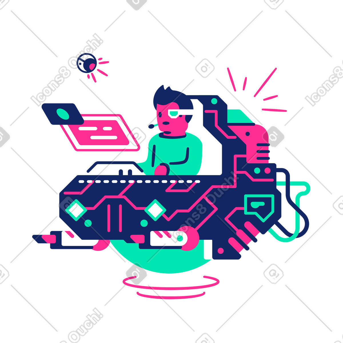 Man works remotely on a virtual computer illustration in PNG, SVG