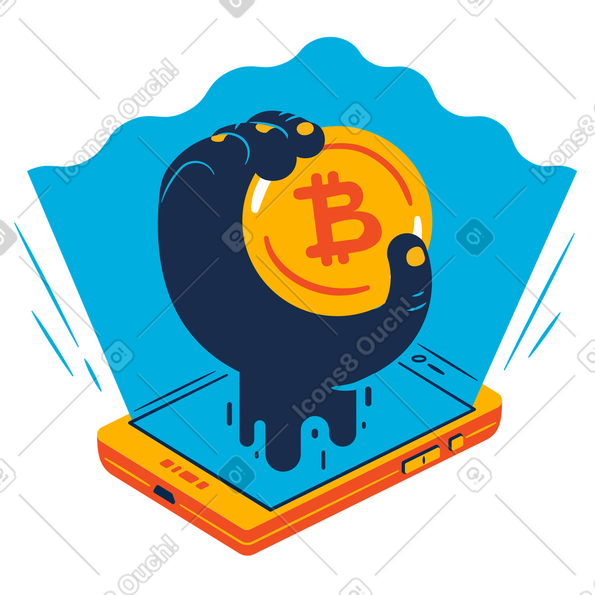 Ilustración Mano con bitcoin saliendo de un teléfono en estilo Flame a descargar en PNG y SVG