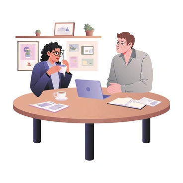 A digital flat illustration depicting two illustration agency directors sitting at a round wooden table in a cozy café. On the left, a woman with curly black hair and glasses is wearing a navy blue blazer and sipping from a white coffee cup. On the right, a man with short brown hair and a light gray shirt is leaning slightly forward, engaged in conversation. He has a coffee cup in front of him. Between them, there are several notebooks and a laptop opened, showcasing colorful illustrations. The background features a wall with art pieces and plants on shelves, creating a warm atmosphere.