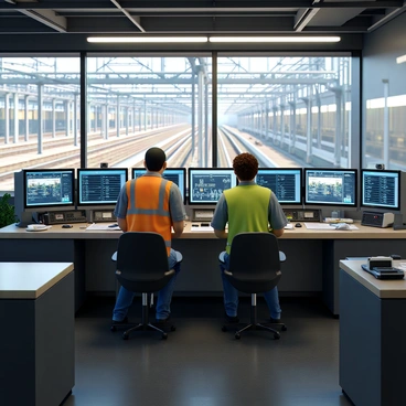 A group of technicians in a train station's control room, focused on checking various control panels. There are two technicians, one with short black hair wearing a blue uniform and safety glasses, and the other with curly brown hair dressed in a grey shirt and high-visibility vest. The control panels are filled with switches, buttons, and screens displaying real-time data and train schedules. The room is equipped with bright overhead lights illuminating the space, and there are several monitors showing live feeds from different platforms. Papers and electronic devices are scattered on a nearby table. A large window reveals multiple train tracks outside, with trains in motion.