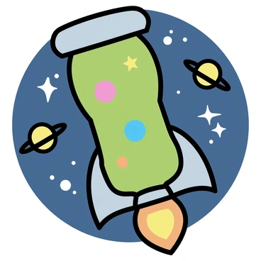 A green pickle jar with a metallic silver lid is designed to resemble a rocket ship. The jar is decorated with colorful stickers depicting stars and planets. Bright orange flames are illustrated at the bottom, suggesting the rocket is blasting off. Surrounding the rocket ship are small, cartoonish planets in various colors, floating in a dark blue space background filled with white, twinkling stars.