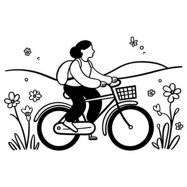 A girl named Lotta is riding her bicycle along a winding path through a blooming meadow. The meadow is filled with various flowers, their stems swaying gently. Lotta has a backpack secured on her back and her hair is flowing behind her. The bicycle has a vintage design, featuring a curved frame and a basket in front. In the background, there are rolling hills visible beneath a clear sky. Butterflies are fluttering around, adding a sense of movement to the scene.