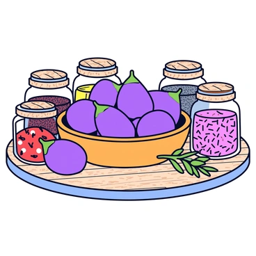 A collection of fresh figs displayed in a wooden bowl. Surrounding the figs are several rustic jars filled with various spices and herbs. One jar contains dried rosemary, another holds vibrant red chili flakes, and a third is filled with fragrant thyme. The jars have cork tops and are arranged haphazardly around the bowl of figs, creating a natural, organic look. The background features a textured wooden surface that enhances the rustic theme.