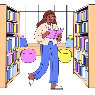 A woman with long brown hair is exploring the aisles of a charming bookstore. She is wearing a casual outfit, consisting of a light sweater and jeans. In her hands, she holds an open book, and a smile is on her face as she reads. The bookstore features wooden shelves filled with books of various sizes and colors. Cozy reading nooks with cushions are visible in the background. Soft light filters in through large windows, creating a warm atmosphere.