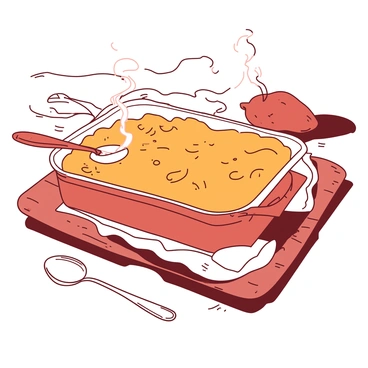 A warm orange sweet potato casserole is placed on a wooden kitchen table, just out of the oven. The top of the casserole is golden brown, with small crispy edges, and there are visible bubbles along the sides. Surrounding the dish are various utensils for serving, including a silver spoon resting on the table. A hint of steam is rising from the casserole, indicating its heat. The background has a rustic kitchen vibe with wooden elements, emphasizing a homey atmosphere.