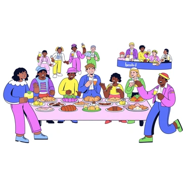 A long banquet table is decorated with a variety of colorful dishes, including fruits, breads, and roasted meats. There are people gathered around the table, smiling and laughing. Some individuals are raising their glasses in a toast while others are dancing nearby. In the background, a small group is playing musical instruments, adding to the festive atmosphere. The scene is filled with vibrant colors and expressions of joy.