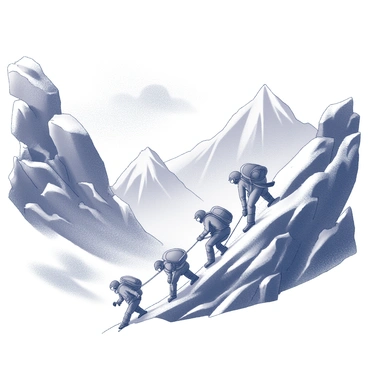 A rugged mountain pass is depicted with steep, rocky slopes on either side. In the foreground, several characters are climbing, each wearing heavy winter gear for protection against the harsh environment. Their faces are partially obscured by hoods and scarves, with determined expressions showing their effort. The wind sweeps snow across the scene, creating swirling patterns in the air and covering the rocky terrain. Jagged mountain peaks rise in the background, partially shrouded in clouds, adding to the dramatic atmosphere of the setting.