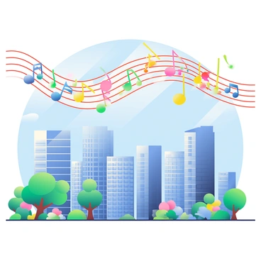 A vibrant wave of musical notes in various colors is flowing gracefully over a cityscape. The city features tall buildings with glass facades reflecting the sunlight, casting shimmering reflections on the streets below. The musical notes appear to swirl and dance, interspersed with the outlines of the buildings. In the foreground, a park with green trees and colorful flowers is visible, adding depth to the scene. The sky above the city is a bright blue, providing a striking contrast to the colorful wave of notes above.