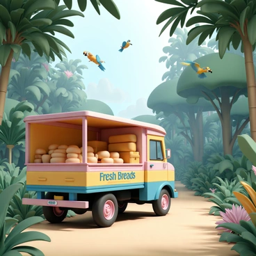 A bread truck, painted in vibrant colors with the words "Fresh Breads" printed on the side, is parked on a narrow dirt road. The truck has a large open back, revealing stacks of loaves of bread in various shapes and sizes. Surrounding the truck is a lush rainforest, filled with dense green foliage, towering trees, and a variety of colorful plants. Exotic birds, such as toucans and parrots, are flying overhead, their bright plumage contrasting against the green canopy. Sunlight filters through the leaves, casting dappled shadows on the ground near the truck.