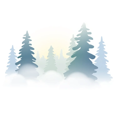 A dense mist covers the ground, creating a soft blanket that envelops the scene. Silhouettes of tall trees rise from the fog, their dark branches stretching upward, gradually fading into the white mist above. The trees have various shapes, some with thick trunks and others with slender forms. The atmosphere is quiet and still, with the fog thick enough to obscure the details of the landscape beyond the trees. The soft, diffused light of morning can be seen breaking through the mist, adding an ethereal glow to the scene.