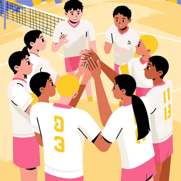 A close-up view of a volleyball team huddling together before a game. The team consists of six players, each wearing matching uniforms with bright colors and numbers on the back. They are standing in a circle, their hands stacked in the center, demonstrating unity and teamwork. The players have varying hairstyles and expressions of determination on their faces. In the background, a blurred volleyball court is visible, with a net and audience in muted tones, indicating an exciting atmosphere ahead.
