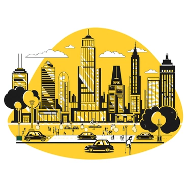 A wide view of a city skyline at dusk, featuring tall skyscrapers with illuminated windows. The buildings are intricately designed, showcasing a mix of modern architectural styles. A few clouds are scattered in the sky, reflecting the fading light. Below, bustling streets are filled with cars and people, creating a lively atmosphere. Streetlights are turned on, casting light onto the sidewalks. The city appears vibrant and dynamic, with activity visible in various parts.