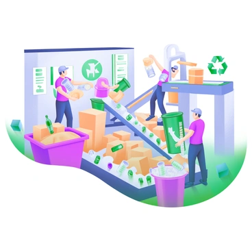A modern pastel illustration of a bustling recycling center filled with activity. Workers with colorful uniforms are sorting through piles of recyclables, including plastic bottles, aluminum cans, and cardboard boxes. Some workers are using conveyor belts to transport materials, while others are using large bins to collect sorted items. Brightly colored recycling bins are placed around the area, and posters with recycling symbols and information are visible on the walls. The atmosphere is busy, showcasing the collaboration and effort in recycling processes.