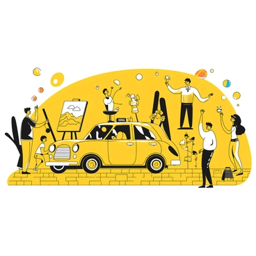A taxi surrounded by vibrant artists and performers at an outdoor festival