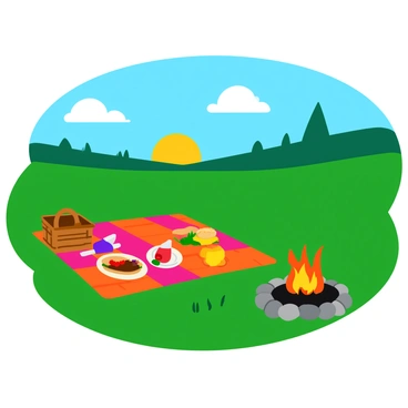 A picnic blanket spread across a grassy field under a bright blue sky. The blanket is adorned with a colorful checkered pattern. An assortment of picnic items is laid out, including a wicker basket filled with sandwiches, fresh fruits, and drinks. Nearby, a small bonfire crackles, surrounded by a ring of smooth stones. The flames emit a warm glow, providing light and warmth as the sun begins to set on the horizon. In the background, a few scattered trees cast long shadows over the scene.