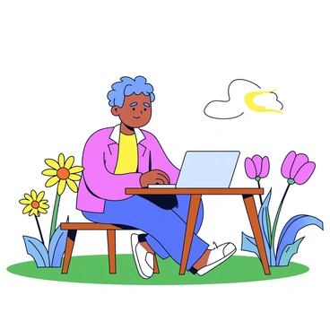 A person sitting at a small wooden table in their garden, participating in a remote meeting. The individual is focused on a laptop placed in front of them. They are surrounded by various blooming flowers in vibrant colors, such as bright yellow daisies and pink tulips. The green grass beneath their feet adds to the lively atmosphere of the scene. A gentle breeze rustles the leaves of nearby plants, enhancing the outdoor setting.