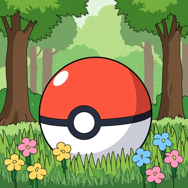 A red and white Pokéball resting in a bed of vibrant flowers. The flowers feature various colors including yellow, pink, and blue, each with distinct petal shapes. Surrounding the Pokéball, tall green grass sways gently, adding to the lush environment. The forest background is filled with rich green trees, their leaves creating a canopy overhead, allowing dappled sunlight to filter through and highlight the scene. The overall atmosphere is lively and cheerful, showcasing the harmony of nature.
